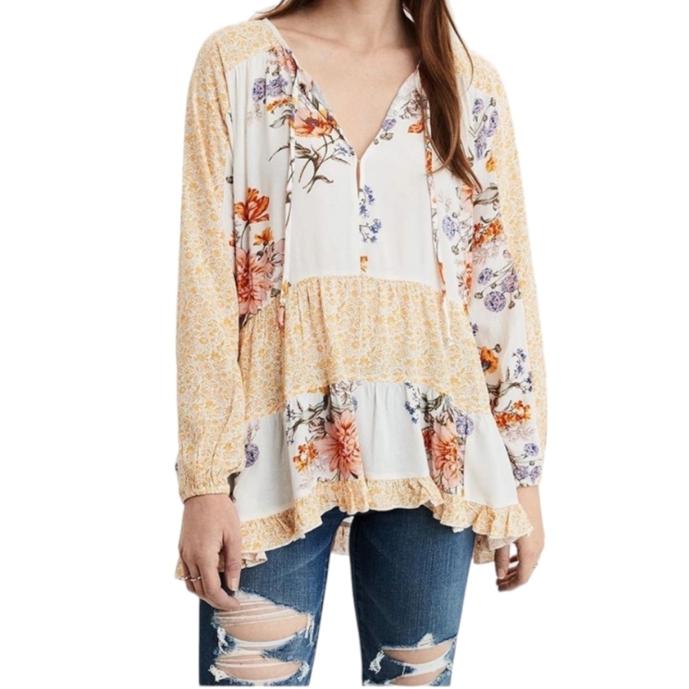 American Eagle Floral Bohemian Tunic Blouse